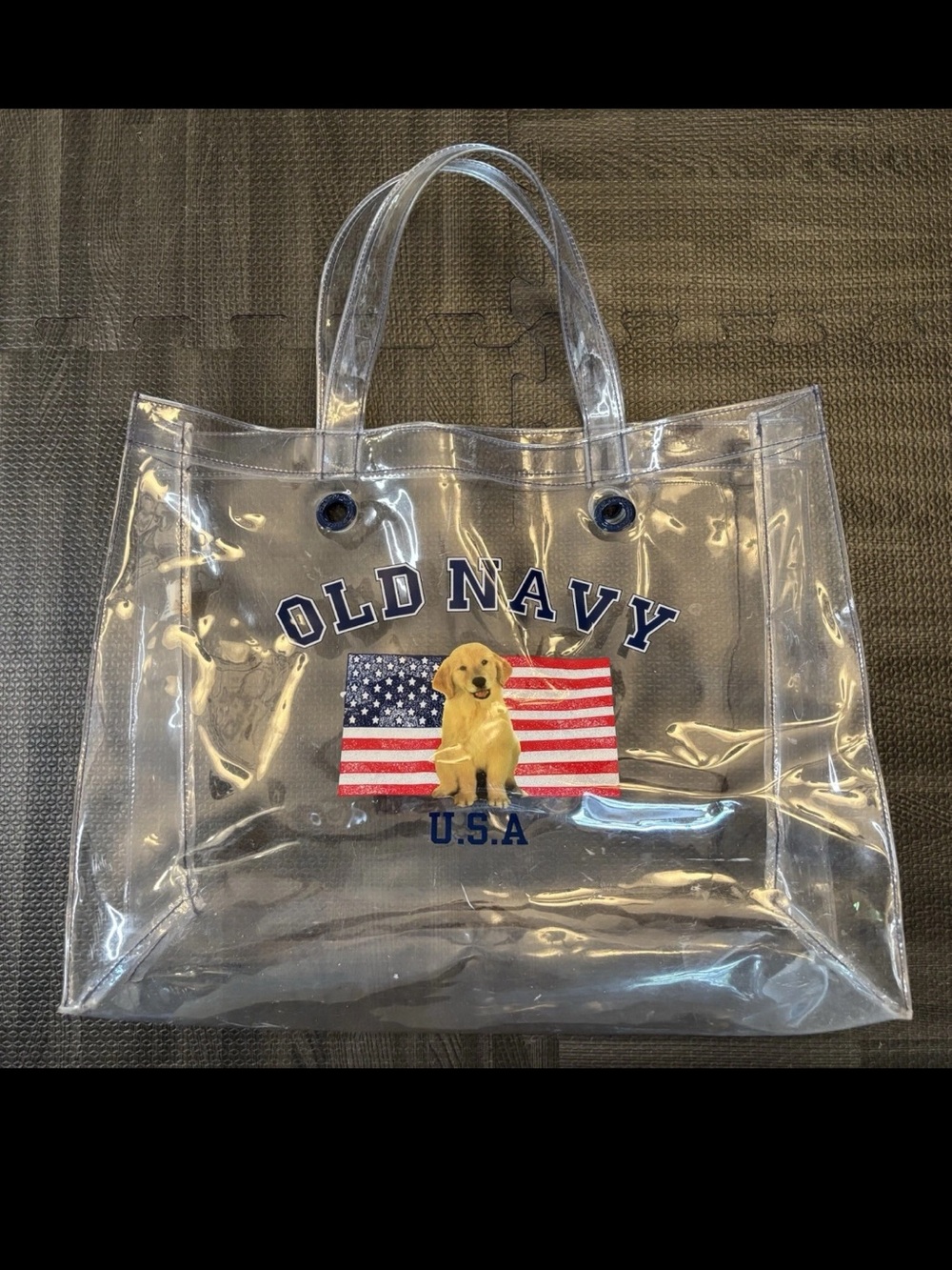 Vintage 00s Old Navy Clear Polyvinyl Tote Bag USA Flag and Golden Retriever Dog